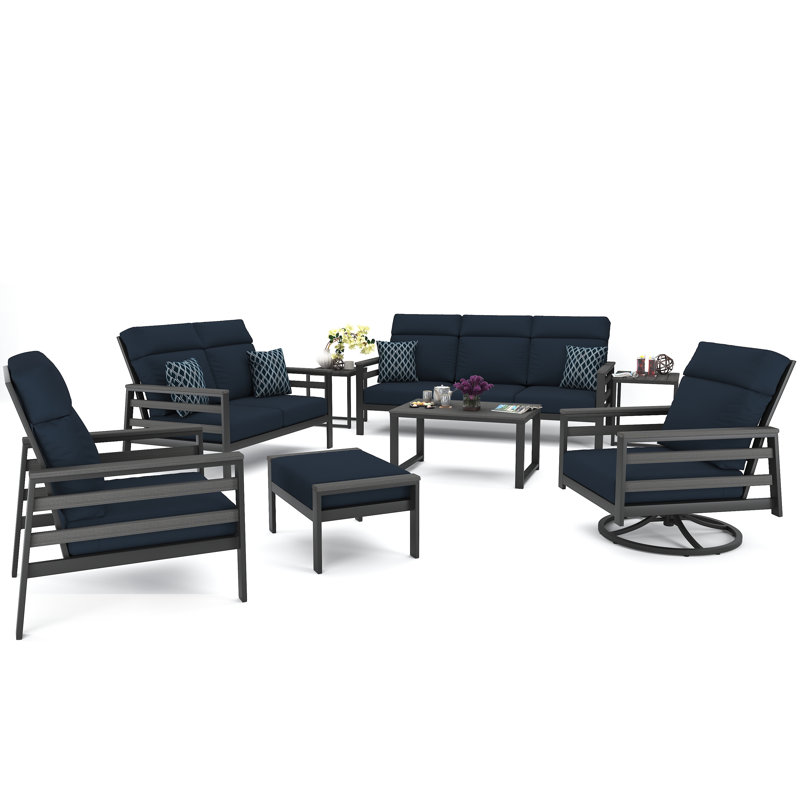 Ensemble de conversation pour 7 personnes avec coussins Sunbrella Ortez, Toile bleu marine, Gris foncé / Blanc