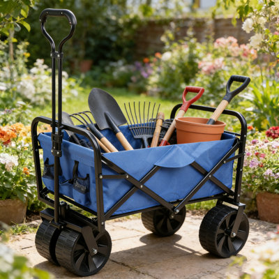 Heavy-Duty Foldable Wagon with All-Terrain Large Wheels, Adjustable Handle, Utility Cart With Foldable Side Table for Camping, Grocery Shopping, Garden, Sports, Outdoor Beaches