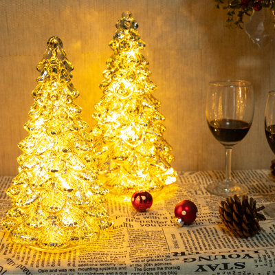 Figurine d'arbre de Noël en verre éclairé avec minuterie, ensemble de 3 décorations de Noël en verre au mercure fonctionnant à pile pour les centres de table