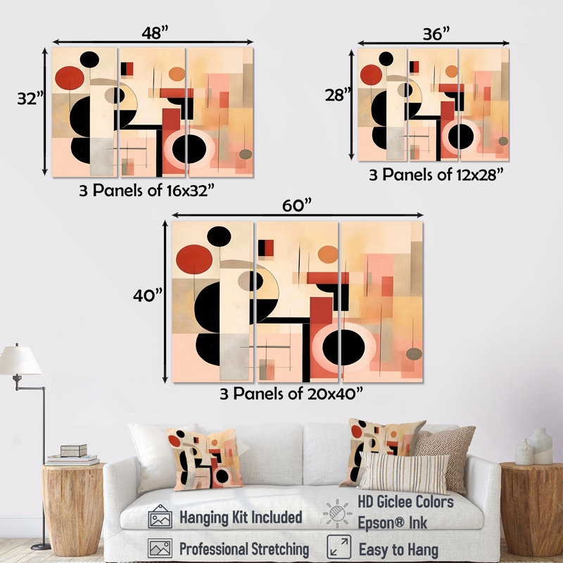 Cubism Scandinavian Coral Artwork - Scandinavian Wall Art Set, 40" H x 60" W x 1" D