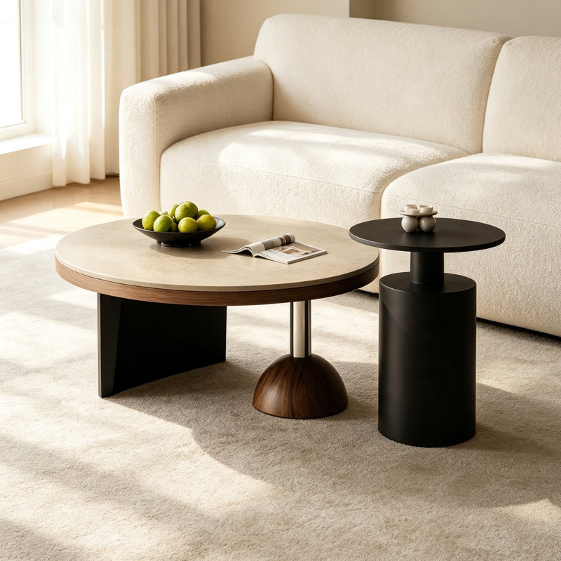 Table basse Minimalist, H 12,59 po x l 27,55 po x P 27,55 po, Sable / Noir, Marbre