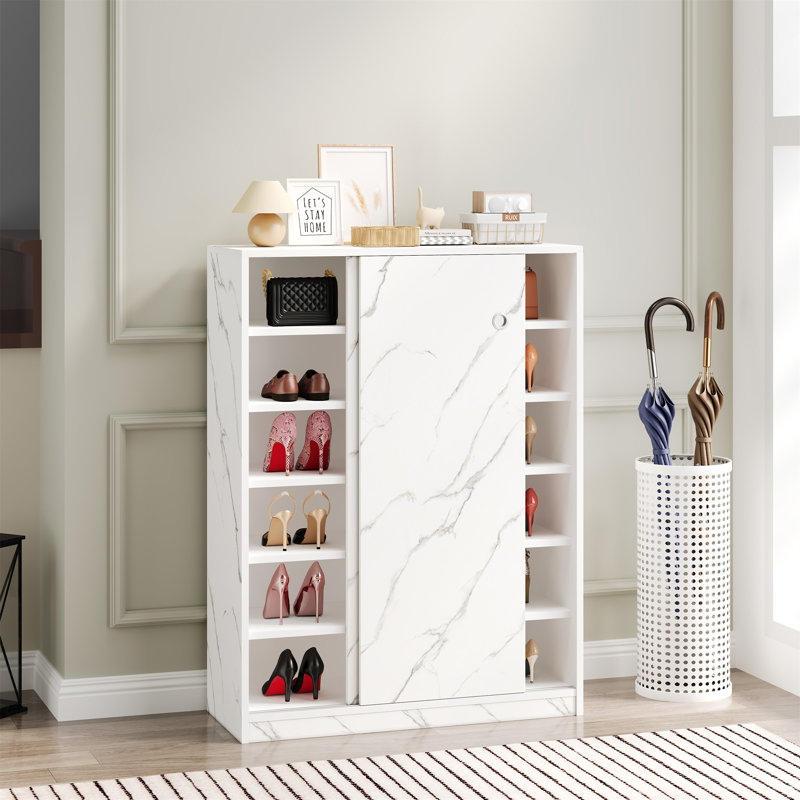 Marble White  Shoe Cabient With Sliding Door Have 6 Layers Can Storage At Least30 Pairs Shoes, White