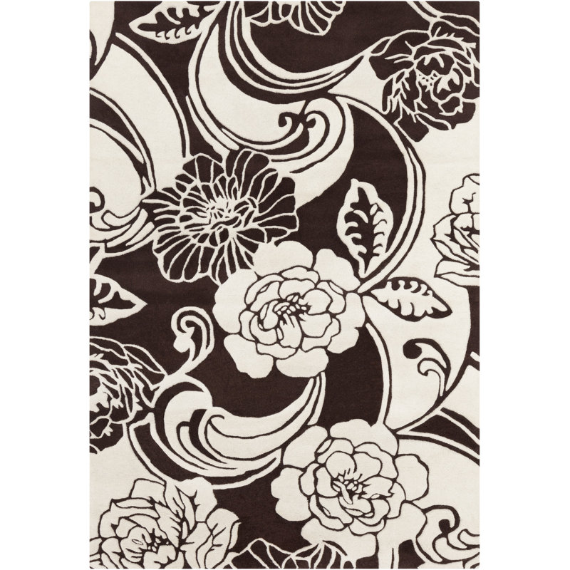 Tapis floral contemporain en laine touffeté à la main brun et ivoire Medford Authentic, Rectangulaire 7 pi x 10 pi