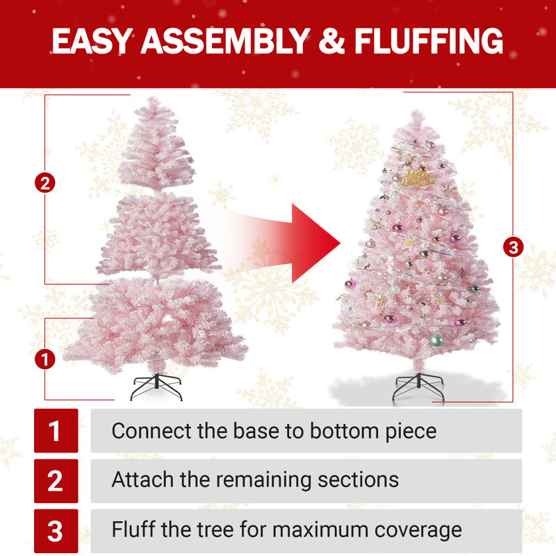 Arbre de Noël artificiel 7 pi avec base en métal pliable, arbre de Noël plein de flocons de neige 1200 branches, décoration de Noël pour les appartements, décoration de fête pour la maison (rose)