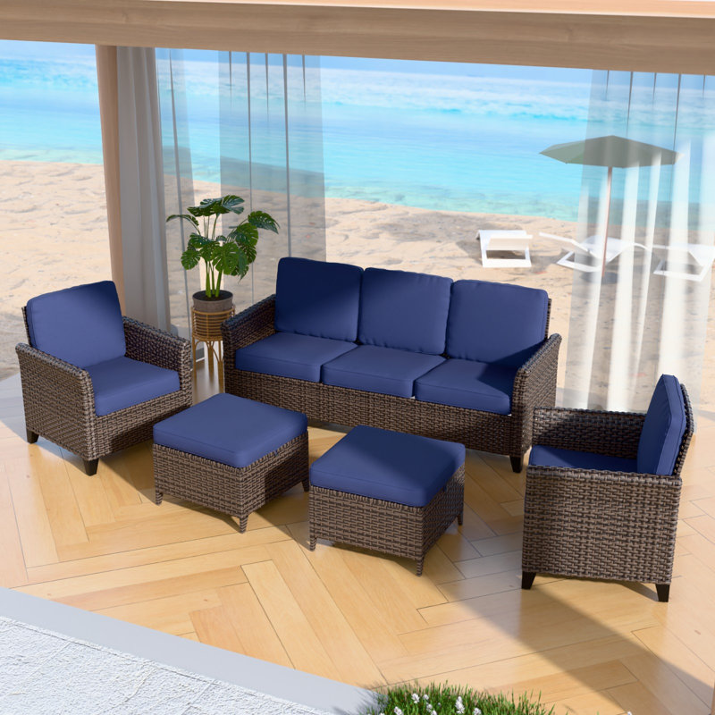 5-Piece Spacious Seating Group Patio Multi-brown Wicker Rattan Sofa Set with Cushions, Blue