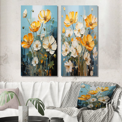 Yellow And White Buttercups Neon Sunshine - Buttercups Wall Art Living Room Set Of 2