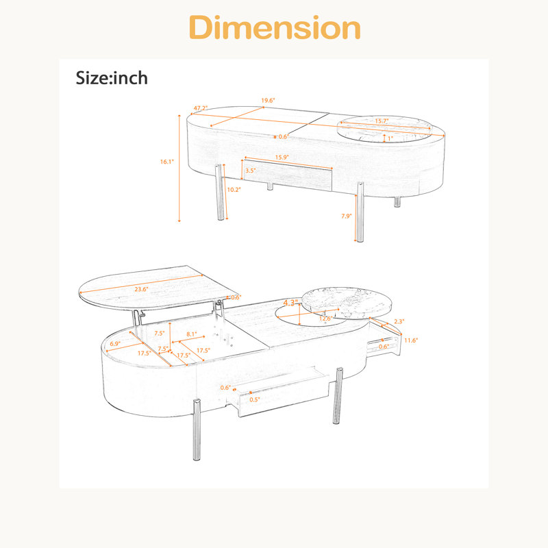Table basse à plateau relevable de 47,2 po avec plateau tournant à motif de marbre à 360 degrés, compartiment caché, table centrale en bois partiellement assemblée