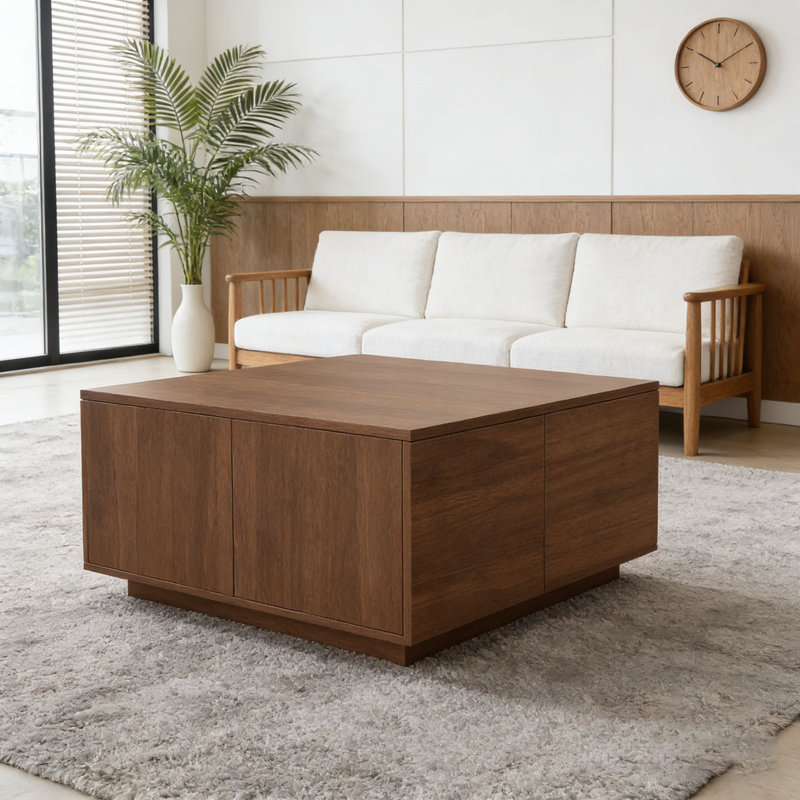 Table basse carrée 33,25 po à 4 tiroirs, Noyer