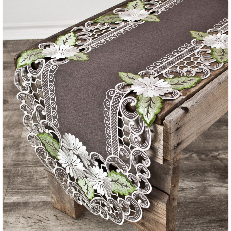 Reanna White Daisy Green Leaves Table Runner, 44" x 14"