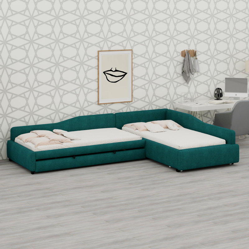 Upholstered Double Daybed With Trundle And Drawer, Green