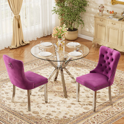 Round Clear Dining Table Set for 2-4, Modern Tempered Glass Kitchen Table and Chairs with Velvet Tufted Chair for Dining Room, Small Space, Apartment