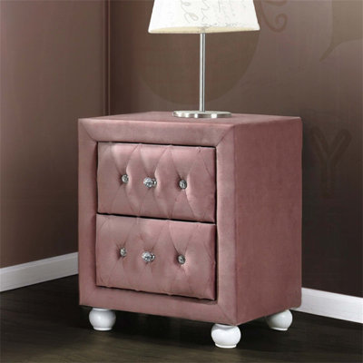 Table de chevet rembourrée en tissu rose glamour avec capitonnage à boutons en cristal et deux tiroirs spacieux pour un rangement élégant