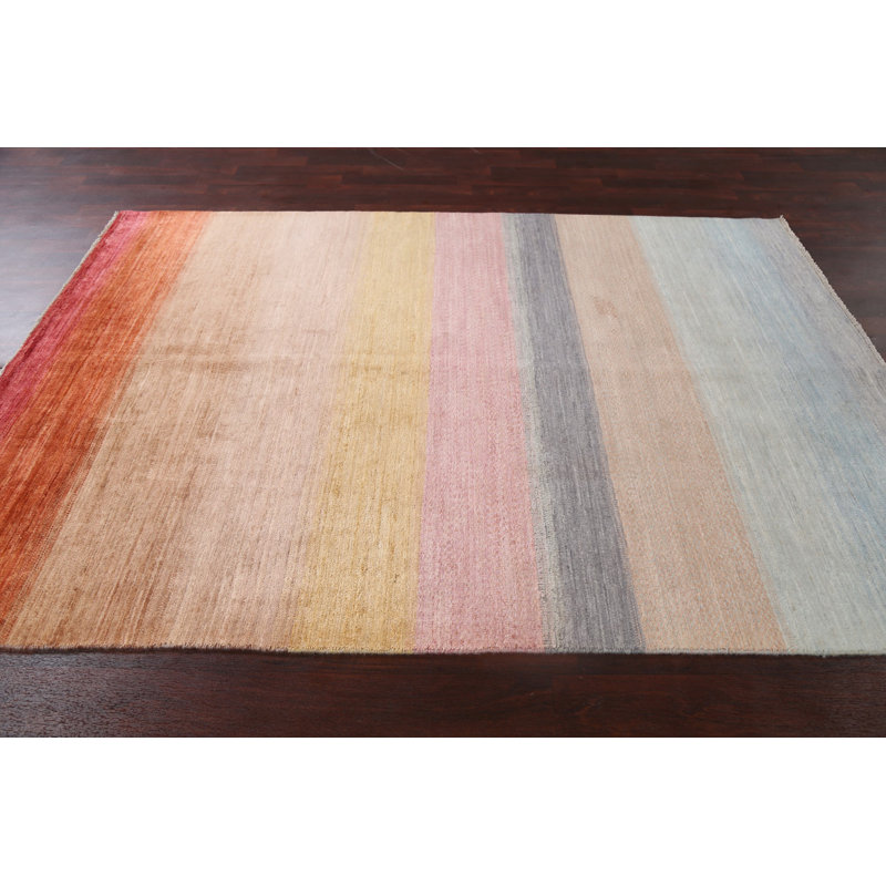 Tapis orange / gris en laine noué à la main de conception unique 5 pi 5 po x 7 pi 9 po New Age
