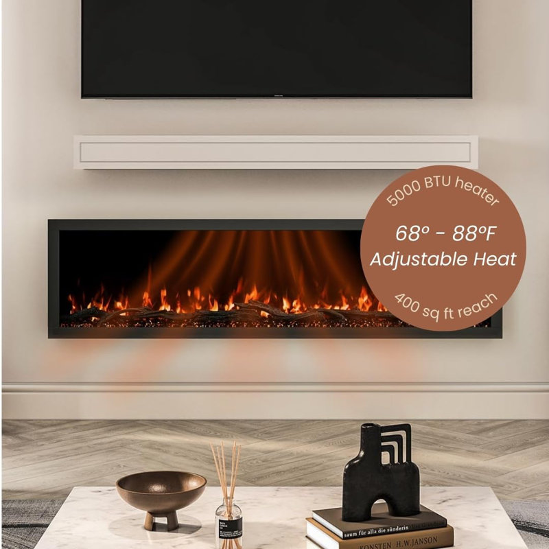 Highmark 72" Recessed or Wall Mounted Electric Fireplace Heater, 10 Flame Colors, Google & Alexa Compatible, Logs & Crystals, Remote Control