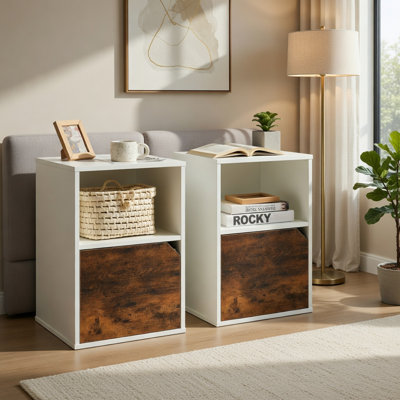 Ensemble de 2 tables de chevet en bois avec armoire et tablette ouverte, tables d'appoint de chambre à coucher modernes pour le salon, la chambre à coucher ou le bureau, brun rustique