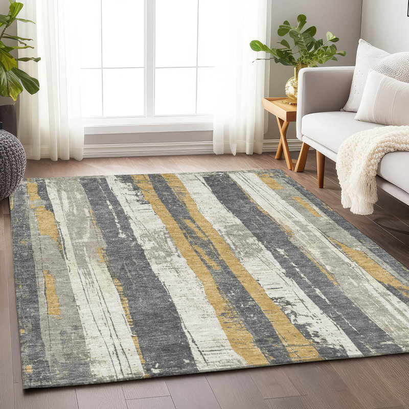 Tapis intérieur / extérieur doré lavable à la machine Xhevrie, Rectangle 5 pi x 7 pi 6 po