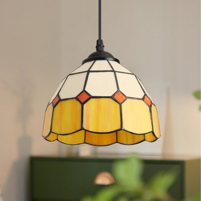 Modern Vintage Tiffany Yellow Glass Style Hanging Pendant Lighting, Adjustable Plug In Chandelier  For Living Room