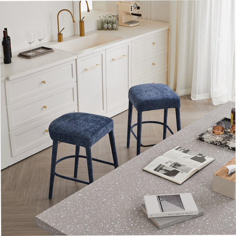 Tabouret de bar rembourré en tissu sans dossier bleu, Bleu clair
