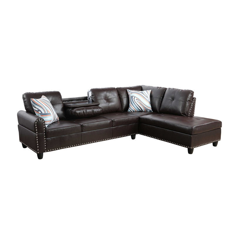 Morgynn Faux Leather L-Shaped Sectional, Brown Faux Leather, Right Hand Facing