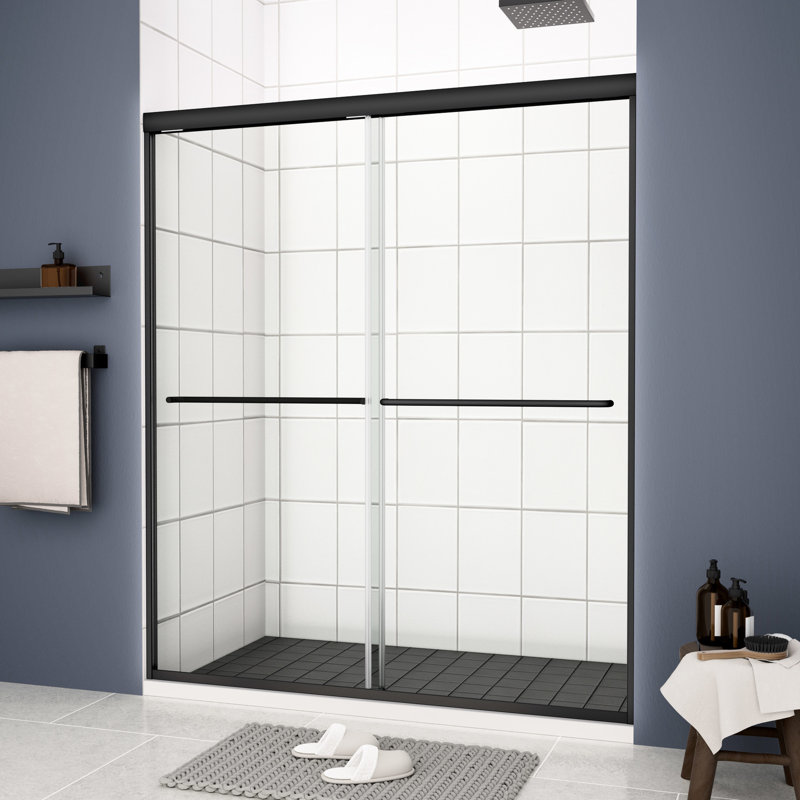 56 - 60 "x 70" Porte de douche à dérivation avec design coulissant. Noir mat, verre trempé de 1/4 po. Rail supérieur, poignée en acier inoxydable. Glissement en douceur, fuite. Nano facile à nettoyer, film éclatant. 36 000 tests. Installation