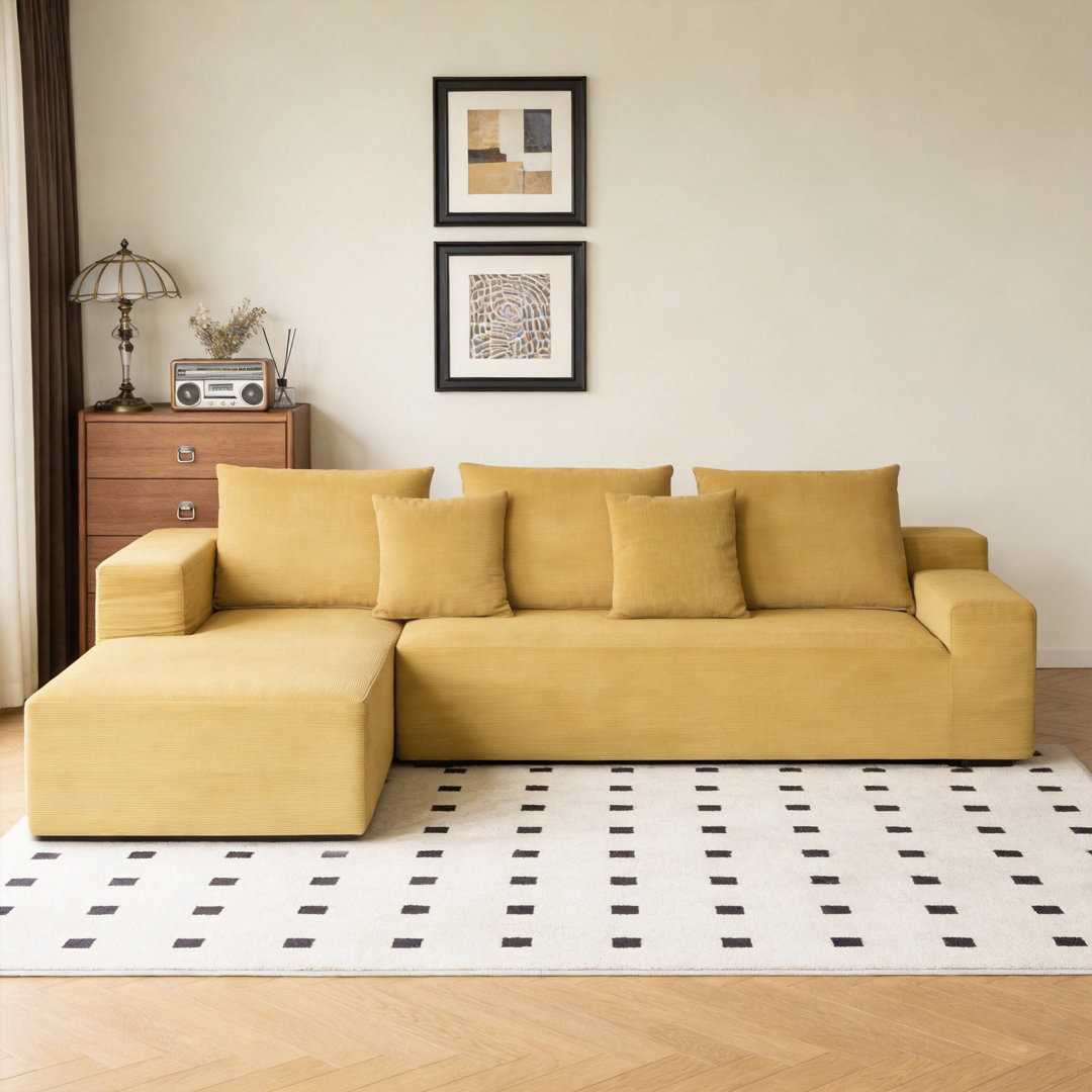 Modern L-Shaped Sectional Sofa 260CM in Yellow Velvet, Chaise with Frame-Free Design Fast Dispatch From UK Warehouse – Dispatched Within 2 Days