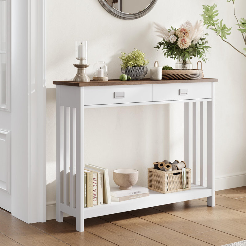 39.4" W Console Table with Drawer, Brown Wood/White