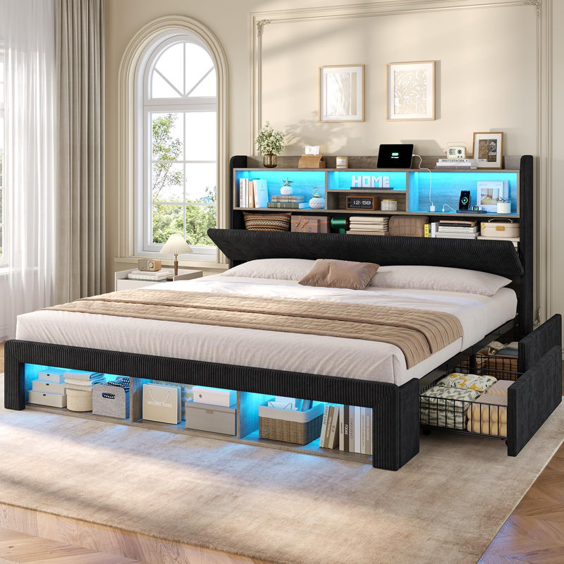 Upholstered Bed Frame With Spacious Storage Headboard, 5 Open Shelves, 2 Footboard Cubbies, Rgb Led Lights & Charging Station, No Box Spring Needed, Black