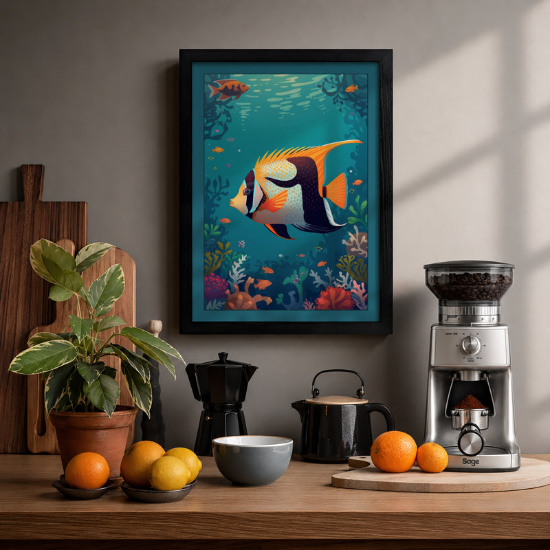 Moorish Idol in Motion Tropical - Framed Print, A2 - 59.4 x 42.0 cm, Black