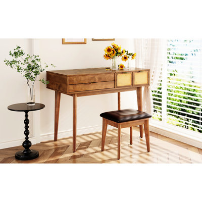 Brown Wood Dressing Vanity Table With Flip-Top Mirror & Stool, Three Drawers For Delicate Makeup Corner Solid Mirror, Stool And Exquisite Setup