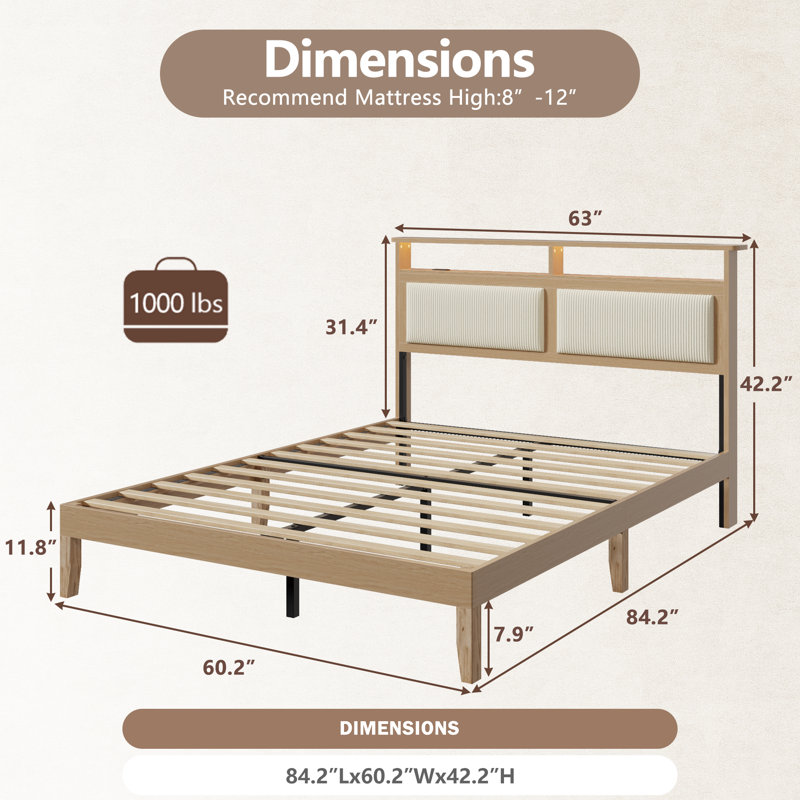 Queen Bed Frame With Corduroy Upholstered Headboard, Queen Platform Bed Frame With LED Lights And Storage, Sturdy Wooden Slat Support, Mattress Foundation, No Box Spring Needed
