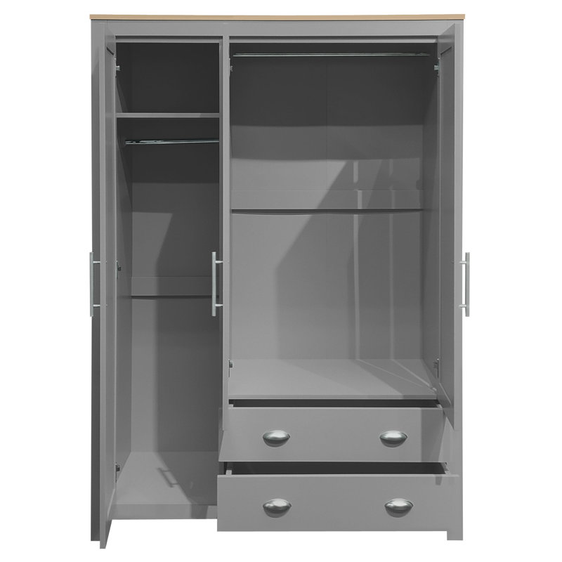 Armoire de rangement à trois portes avec armoires et deux tringles, gris, armoire