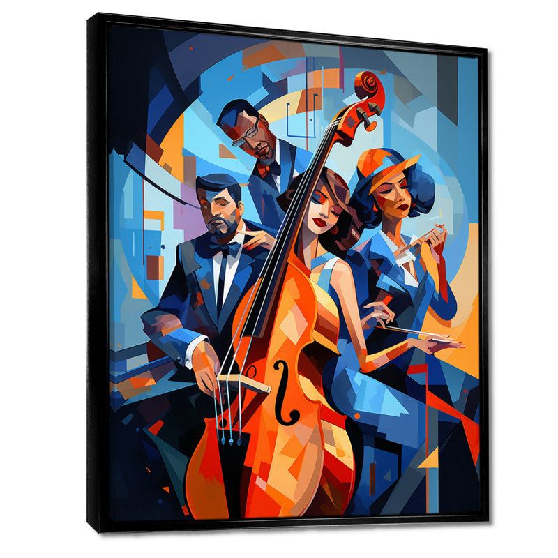 Jazz Quartet, contrebasse, sorte de bleu - Musicien, art mural, salon, Toile avec cadre flottant noir