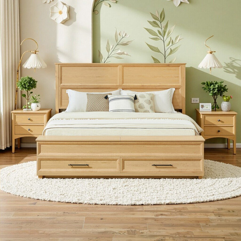 Élégant très grand lit avec tête de lit géométrique 3D et banc de rangement - mobilier de chambre moderne en chêne, Oak