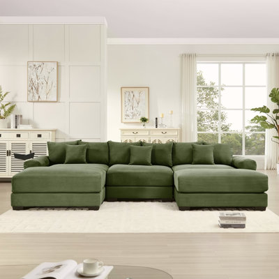 130" Oversized Cloud Modular Sectional Couch, Premium Corduroy Fabric, 3-Seater Deep Seat Wide Armrests,  With Chaise,Ergonomic Design, Easy Assembly For Lounges Living Room,Green