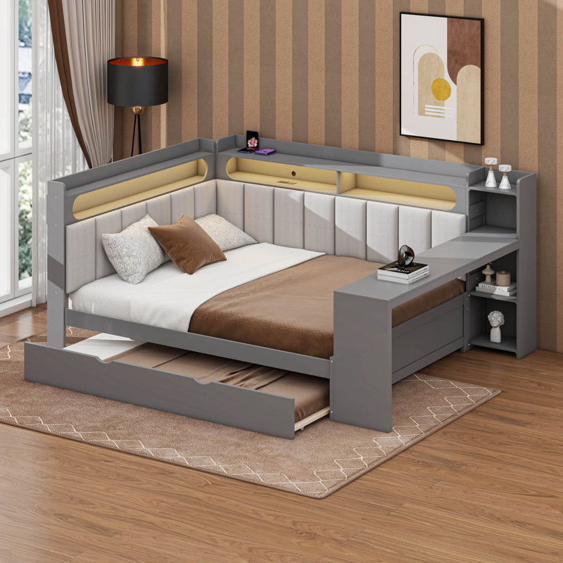 Full Size Upholstered Daybed With Trundle Andled, Corner Bed With Trundle, Gray