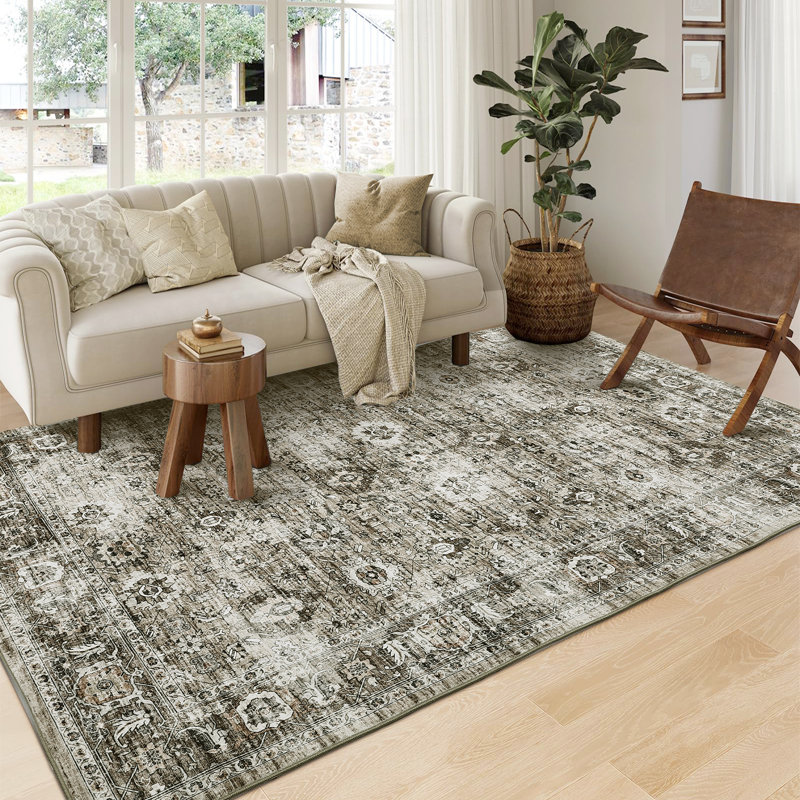 Washable Vintage Area Rug for Living Room, Bedroom, or Office - Distressed Floral Carpet, Non-Slip, Mark Resistant, Low Pile, Soft Printed Mat - Available in Black Grey, Pink, Grey Taupe, 5x7 & 8x10 Sizes