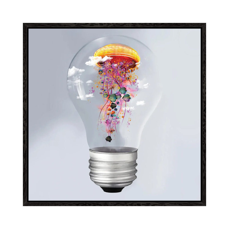 Electric Jellyfish In A Lightbulb by David Loblaw - Print on Canvas, Black Framed, 66.04 cm H x 66.04 cm W