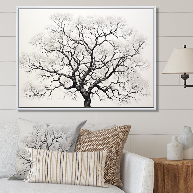 Minimalisme, arbres en chêne noir et blanc - art mural grand chêne, H 34 po x l 44 po x P 1,5 po, Cadre naturel flottant