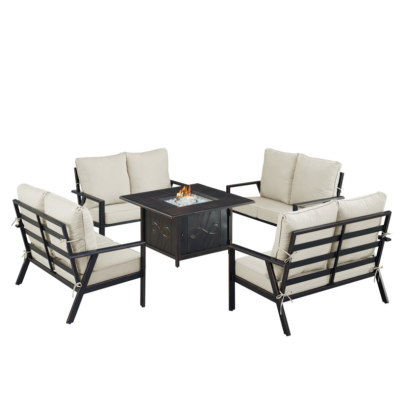 Ensemble de table de foyer en aluminium noir avec quatre causeuses profondes, Gris clair