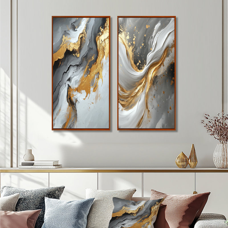 Abstrait marbre dans les tons de gris et d'or I - ensemble d'art mural en marbre 2 pièces, H 28 po x l 24 po, Brun