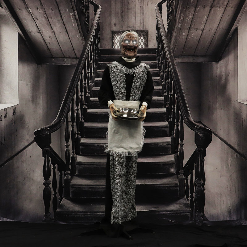 All Animatronics Haunted Hill Farm 61 In. Life-Size Animatronic, Scary Talking Zombie Maid Holding Tray with Touch Activated Lights and Sound