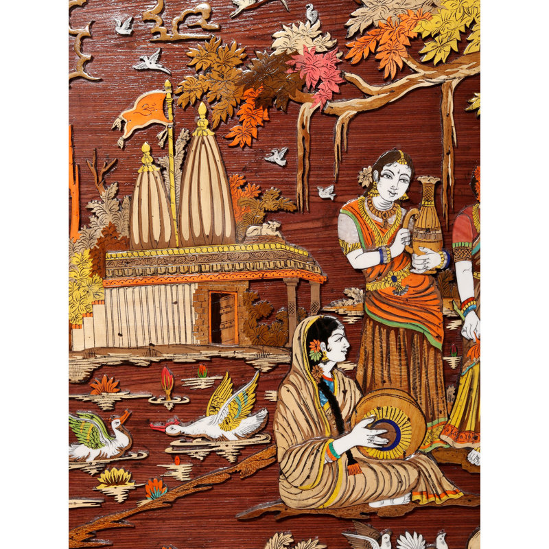 Handcrafted 72-Inch "Celestial Dance" Radha Krishna & Gopis 3D Mysore Wood Inlay Wall Art