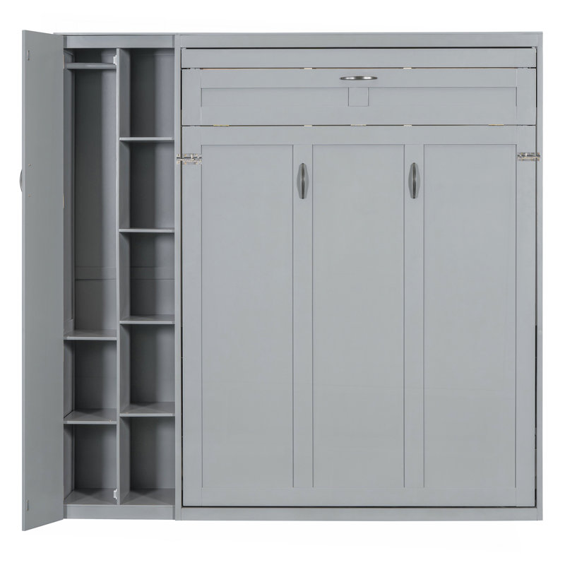 Lit escamotable double pleine grandeur avec tablettes, garde-robe et lumières DEL, gris, Lit double, Gris