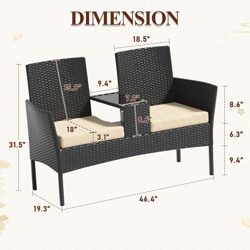Canapé extérieur 2 places en résine tressée PE, avec table basse intégrée en verre trempé et coussins épais, mobilier de jardin résistant aux intempéries, idéal pour terrasse, porche ou patio, gris.