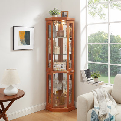 Lighted Corner Glass Curio Cabinet For Living Room, Ideal For Antique Collection, Wine Storage, And Displaying Precious Items