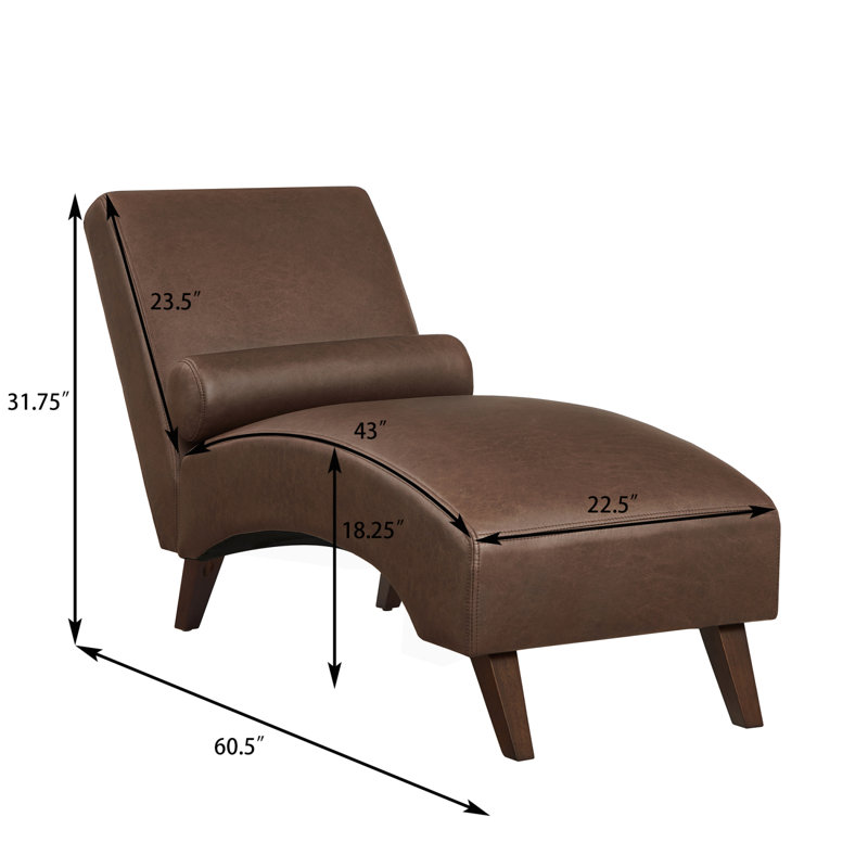 Méridienne courbée Mid-Century moderne avec traversin et pieds en bois, Brown Faux Leather