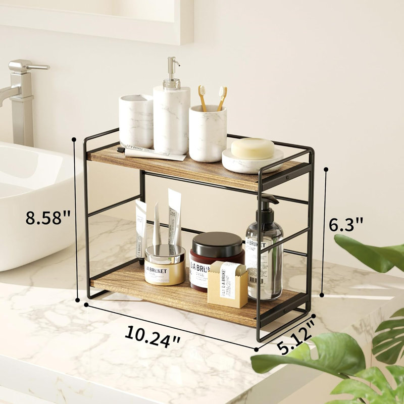 Bathroom Countertop Organizer Set Of 2, Kitchen Counter Shelf Spice Rack Sink Countertop Storage Desktop Large Wood Shelf - Carbonized Black