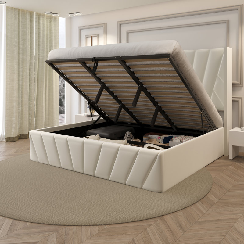Dierra Upholstered High Headboard Storage Bed w/Hydraulic Gas Lift, Wood Slat System & Under Bed Storage
