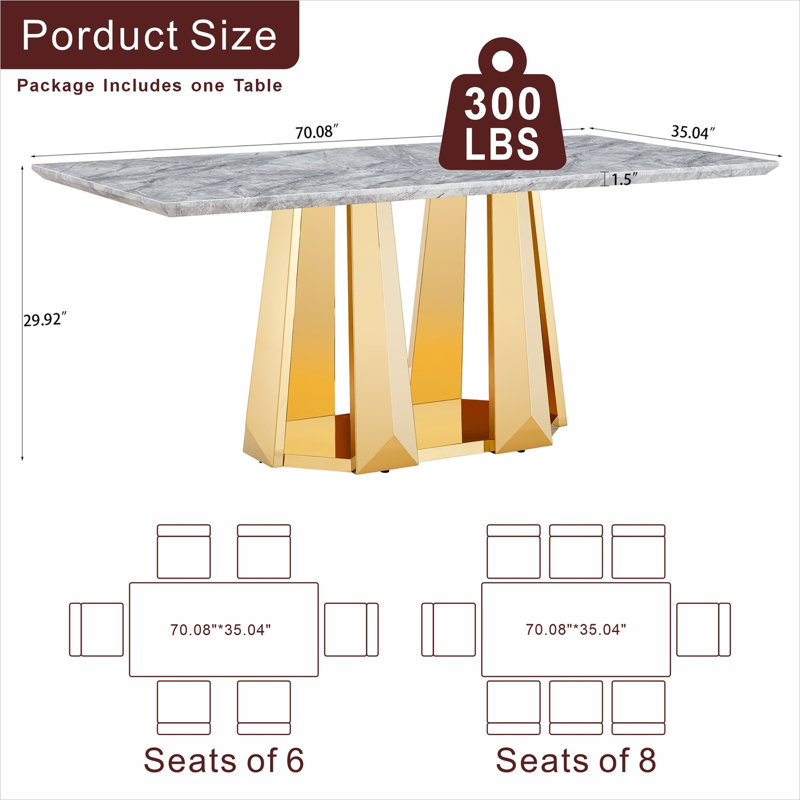 Table de salle à manger moderne de 70 pouces, 6 places, plateau en faux marbre gris classique avec pieds en acier inoxydable doré, pratique pour la cuisine ou le salon