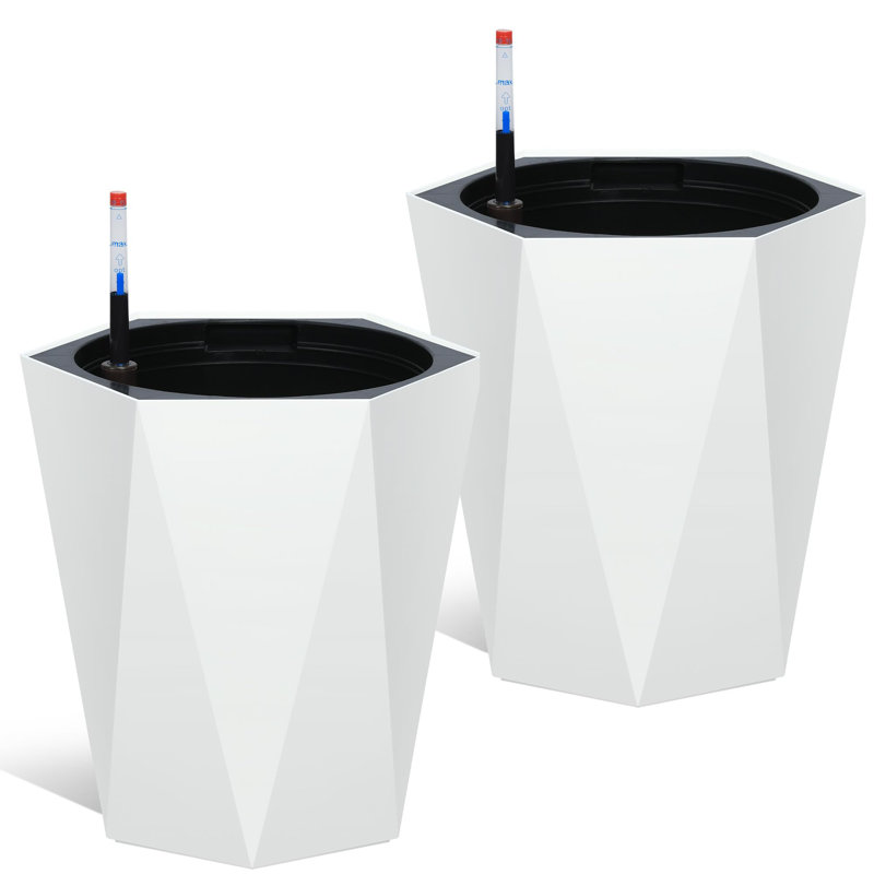 22.4 Inch 2PCS White Tall Tapered PlantersLarge Indoor Outdoor Flower Pots with Wheels Water Level Monitor & Trays for Patio Balcony Lounge